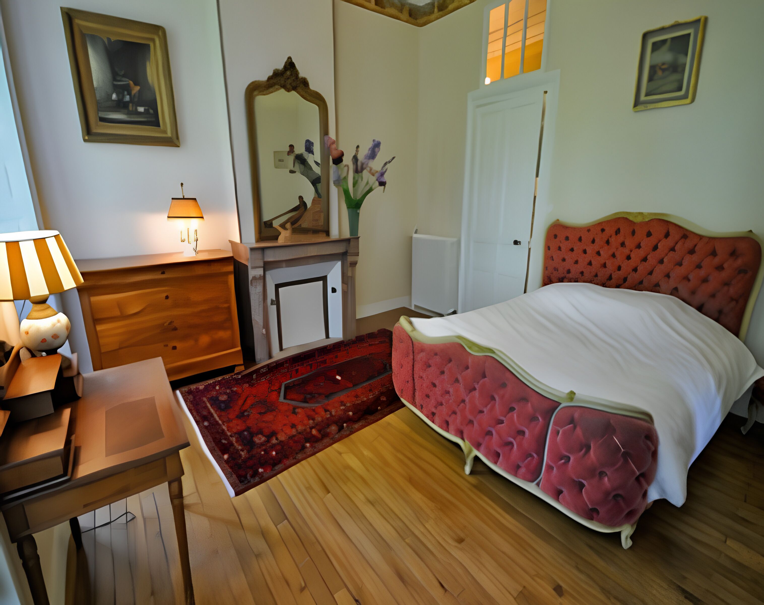A bedroom with a wooden floor, a bed with a red headboard, a dresser, a mirror, and a lamp.