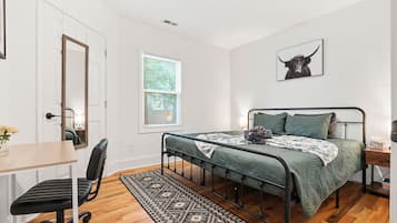 1 bedroom, desk, iron/ironing board, travel cot