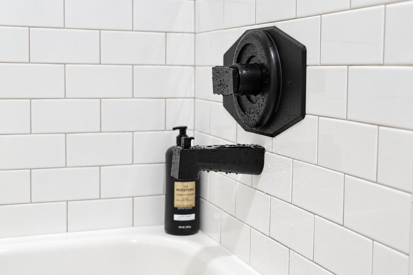 A bathroom with white tiled walls, a black faucet, and a bottle of soap.