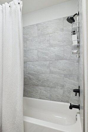 Hair dryer, towels, soap, shampoo