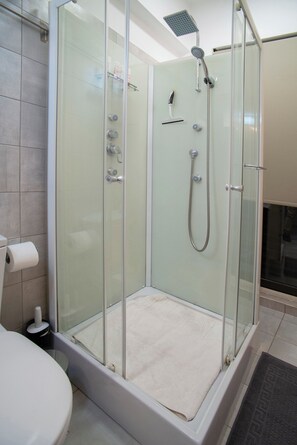 Hair dryer, towels, soap, toilet paper
