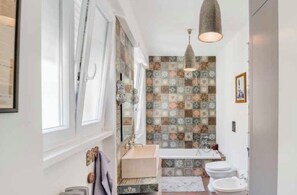 Shower, hair dryer, bidet, towels