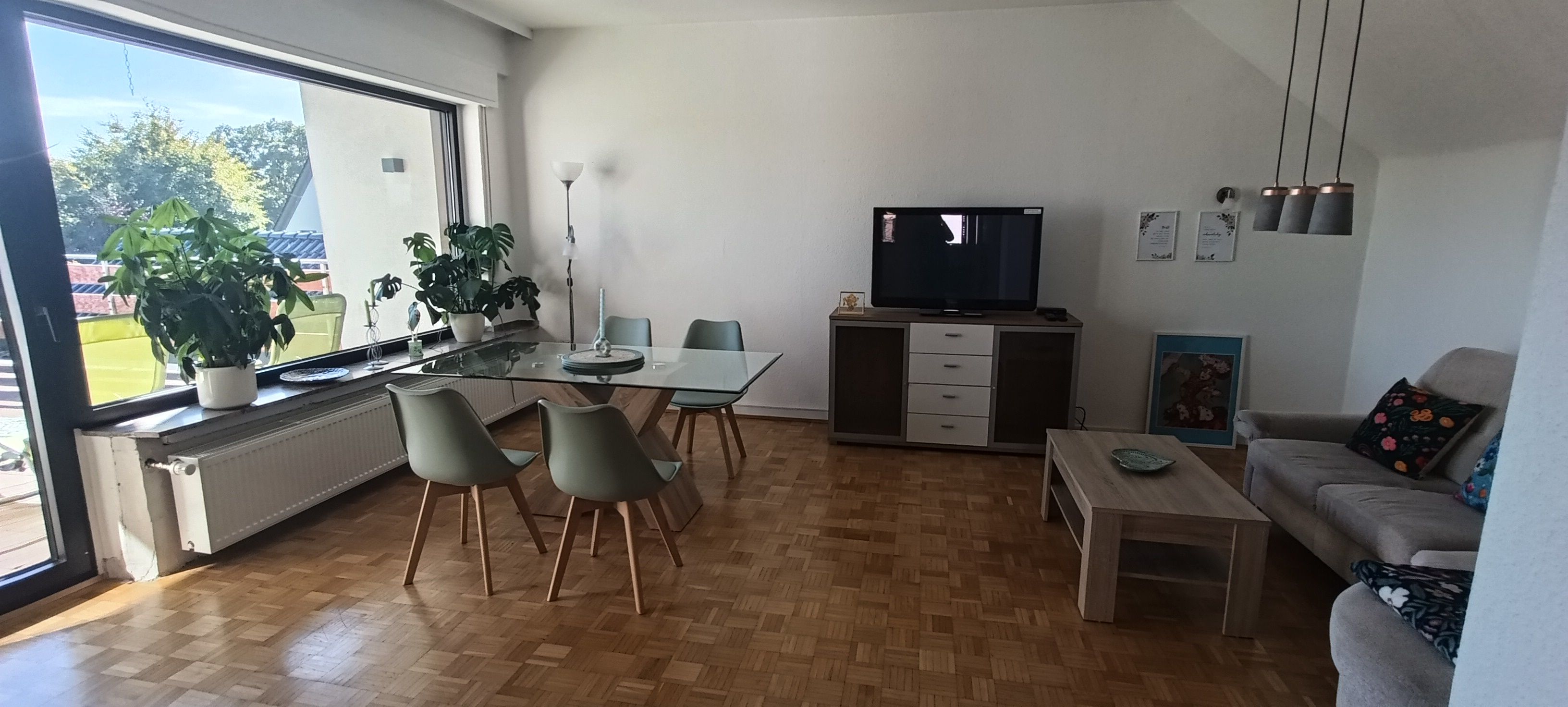 A modern living room with a glass dining table, two chairs, a sofa, a TV, and a window with plants.