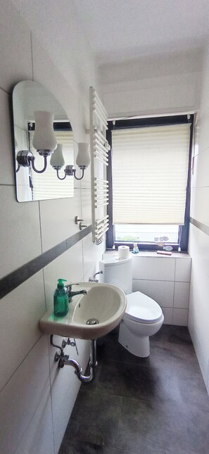 Secadora de cabello, toallas, jabón, papel de baño