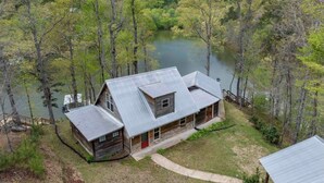 A cabin with a metal roof, surrounded by trees and a lake.