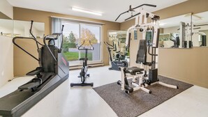 A gym with cardio machines, weightlifting equipment, and a large mirror. - LOFT de la montagne- MSA (Saint-Ferréol-les-Neiges)
