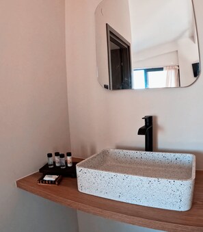 Hair dryer, towels, soap, toilet paper