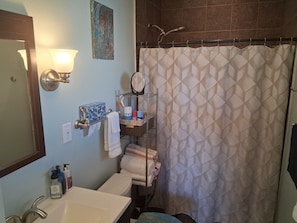 Shower, hair dryer, towels, soap