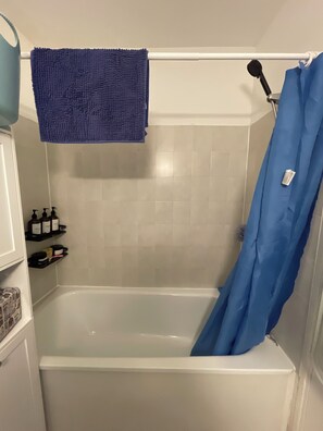 Hair dryer, towels, soap, toilet paper