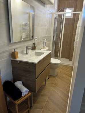 Hair dryer, towels, toilet paper