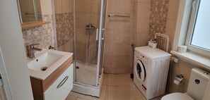 Hair dryer, towels, soap, toilet paper