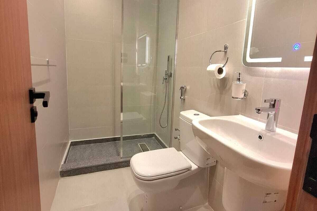 Separate tub and shower, slippers, bidet, soap