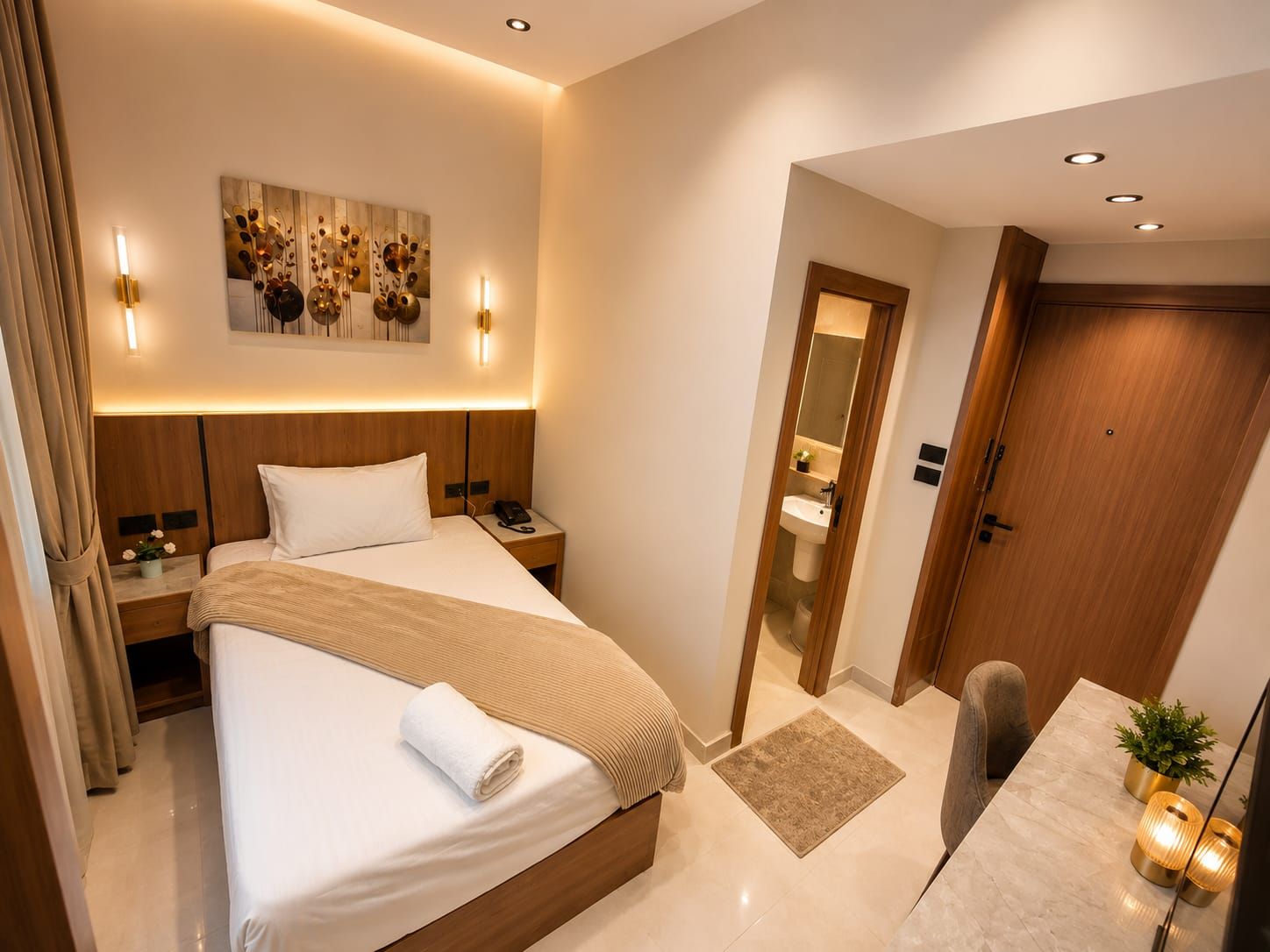 A hotel room with a large bed, bedside tables, a nightstand, a painting on the wall, a bathroom visible through an open door, and a small table with a plant.