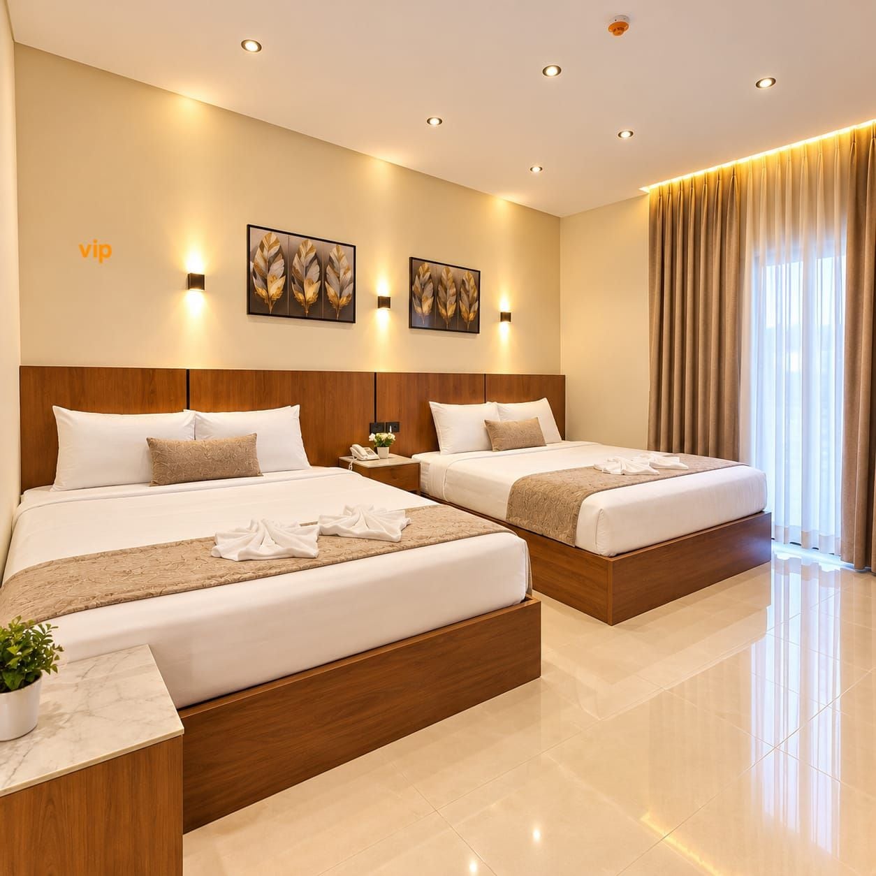 A hotel room with two beds, a wooden headboard, a bedside table with a phone, and artwork on the wall.