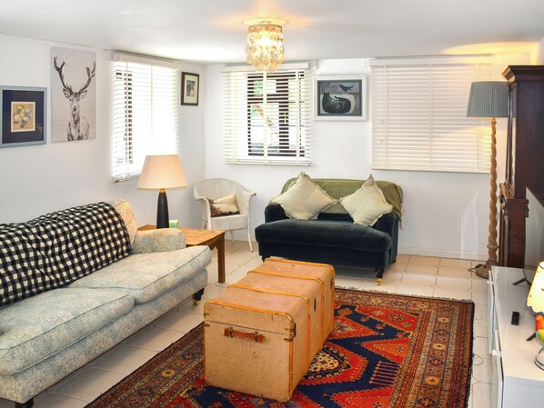 A living room with a sofa, armchair, rug, and a vintage suitcase.