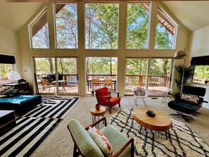 Smart-TV, Kamin, Bücher, Stereoanlage