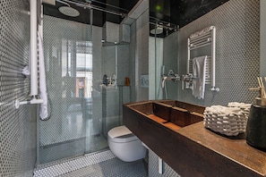 Shower, hair dryer, bidet, towels