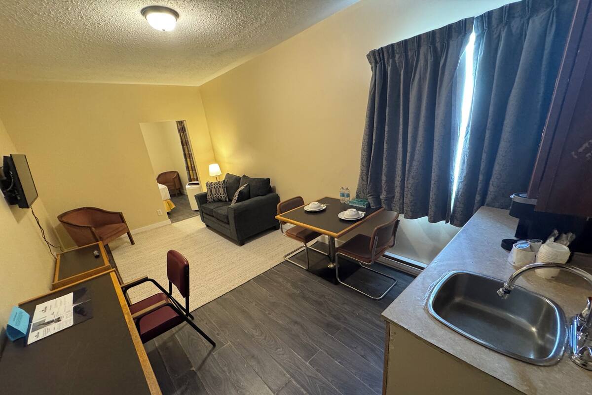 A compact living space with a kitchenette, a dining area, a sofa, and a small TV.