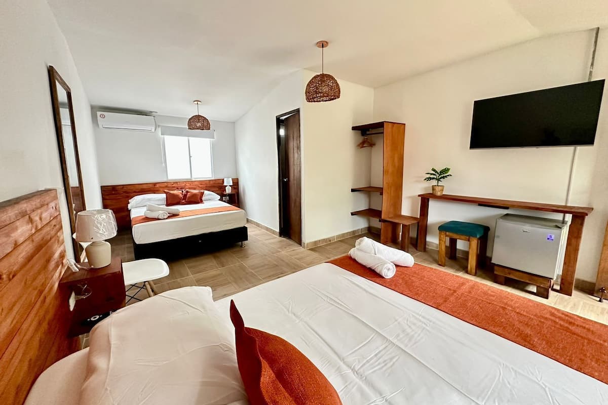 A hotel room with two beds, a desk, a TV, and a small plant.