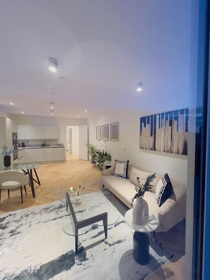 Smart TV, fireplace, books, computer monitors