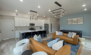 Smart TV, fireplace, table football, ping pong