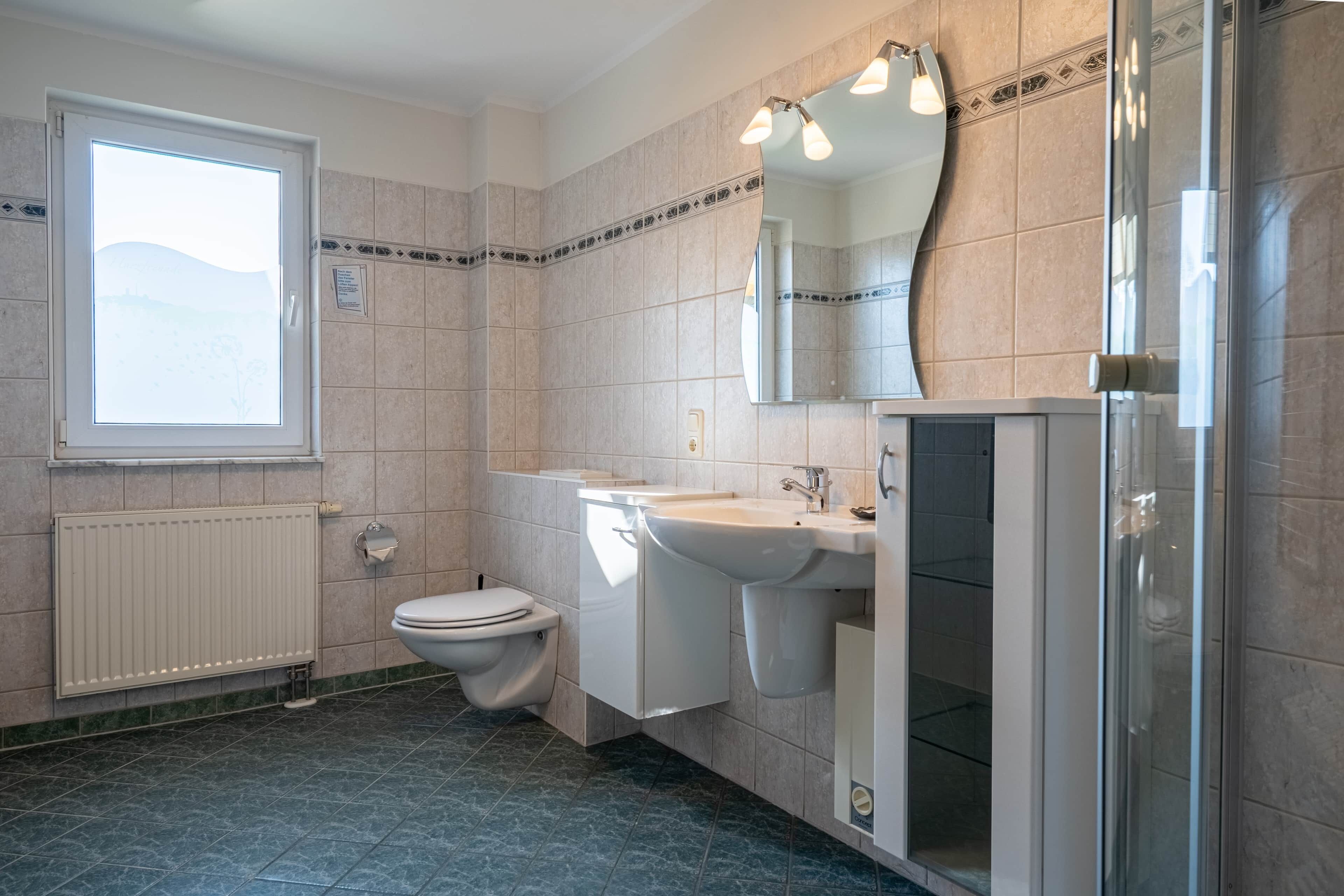 Ein Badezimmer mit Toilette, Waschbecken, Spiegel und Dusche.