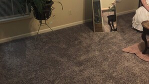 A room with beige walls, a large abstract painting, a tall mirror, a potted plant, a small table with a chair, and a carpeted floor. - Charming 2-bedroom townhome in welcoming Auburn with AC, WiFi, 1897 Sqare feet (Auburn)