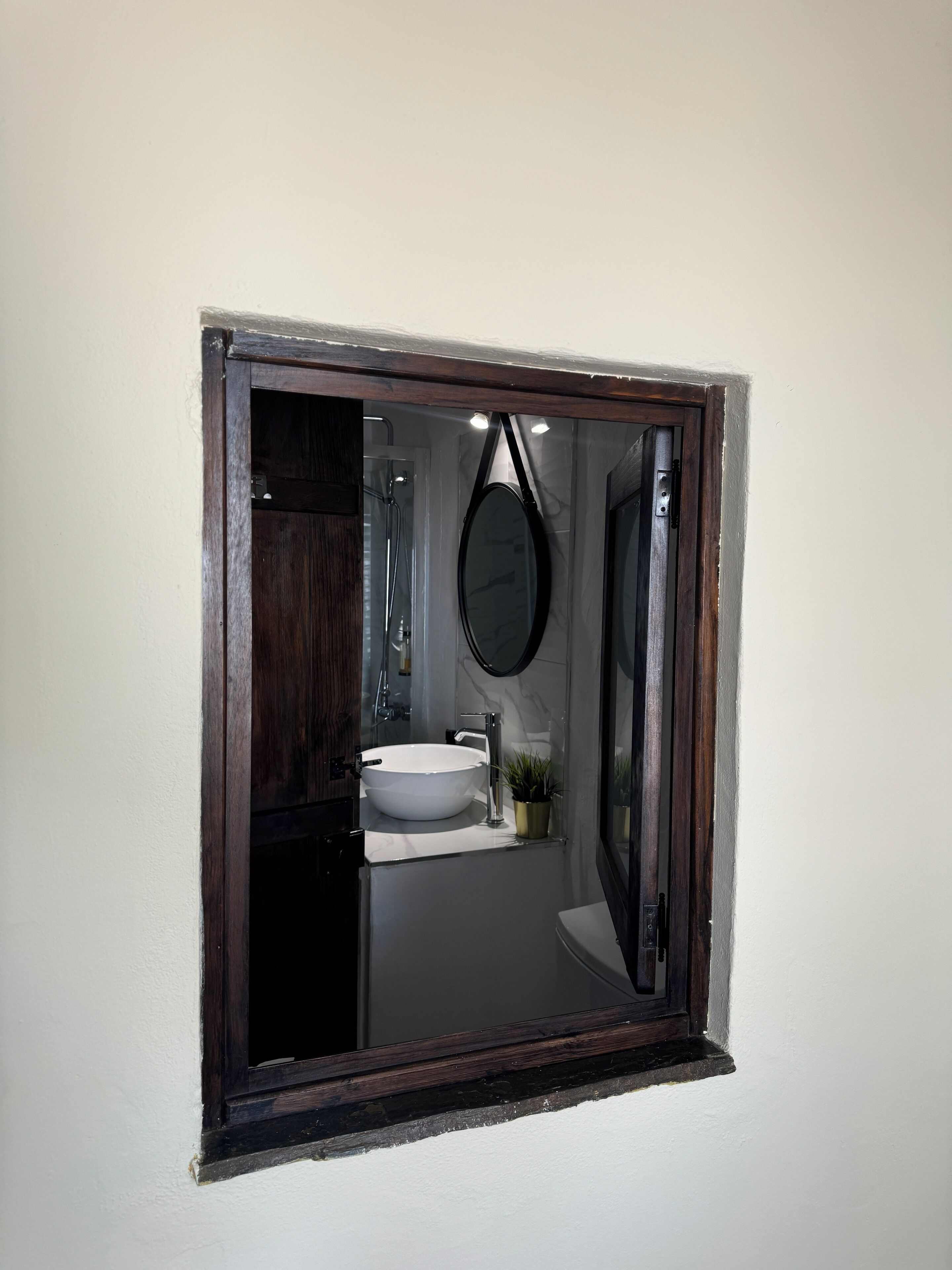 A bathroom with a white sink, a mirror, and a small potted plant.
