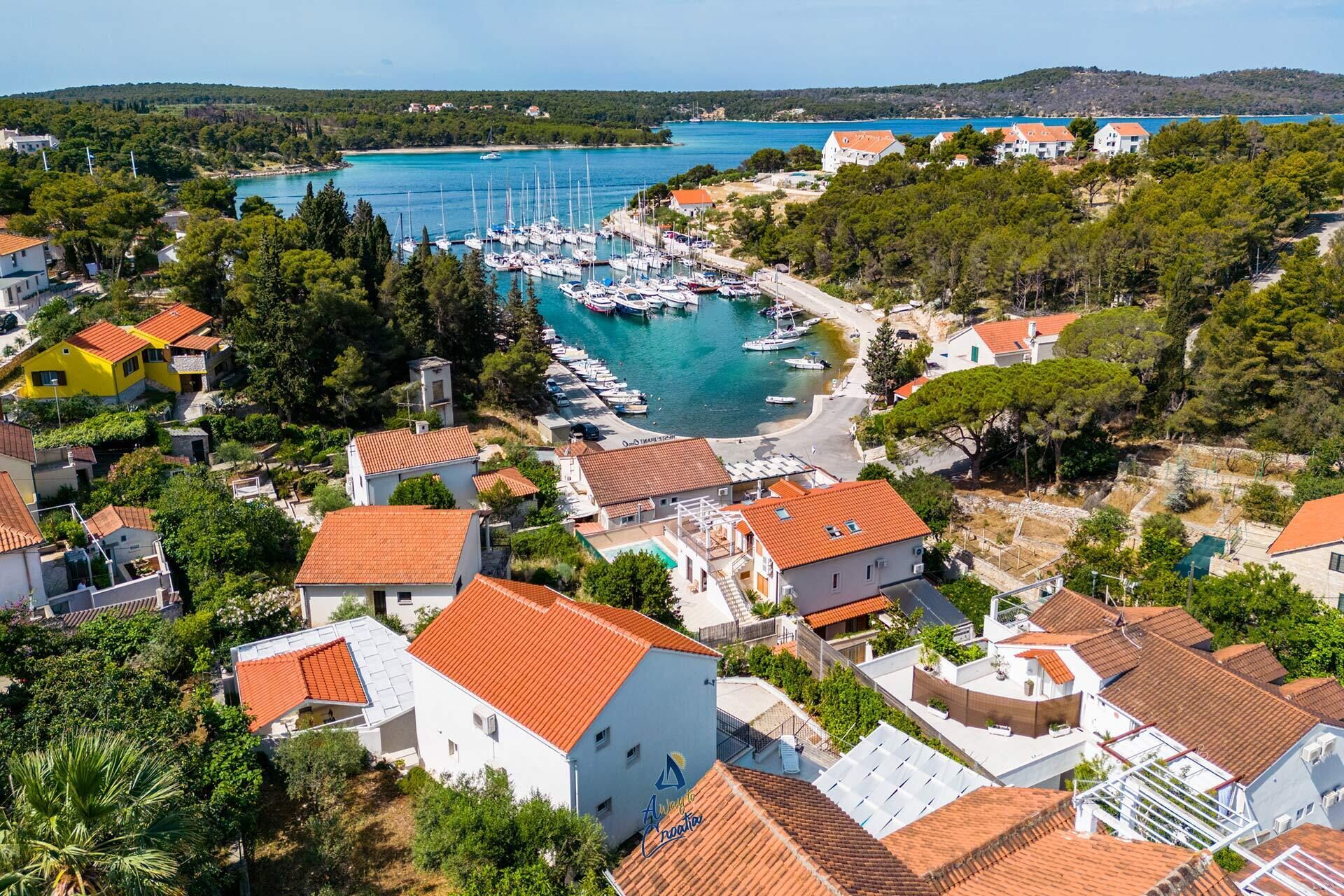 A coastal village with houses, a marina, and boats.