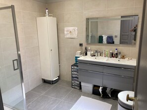 Dusche, Haartrockner, Handtücher, Seife