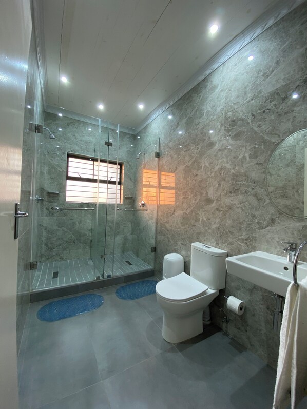 Shower, hair dryer, towels, soap
