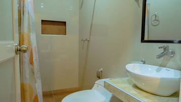 Shower, towels, soap, shampoo