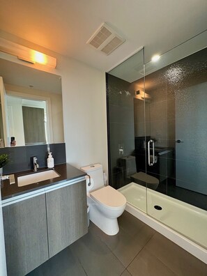 Shower, hair dryer, towels, soap