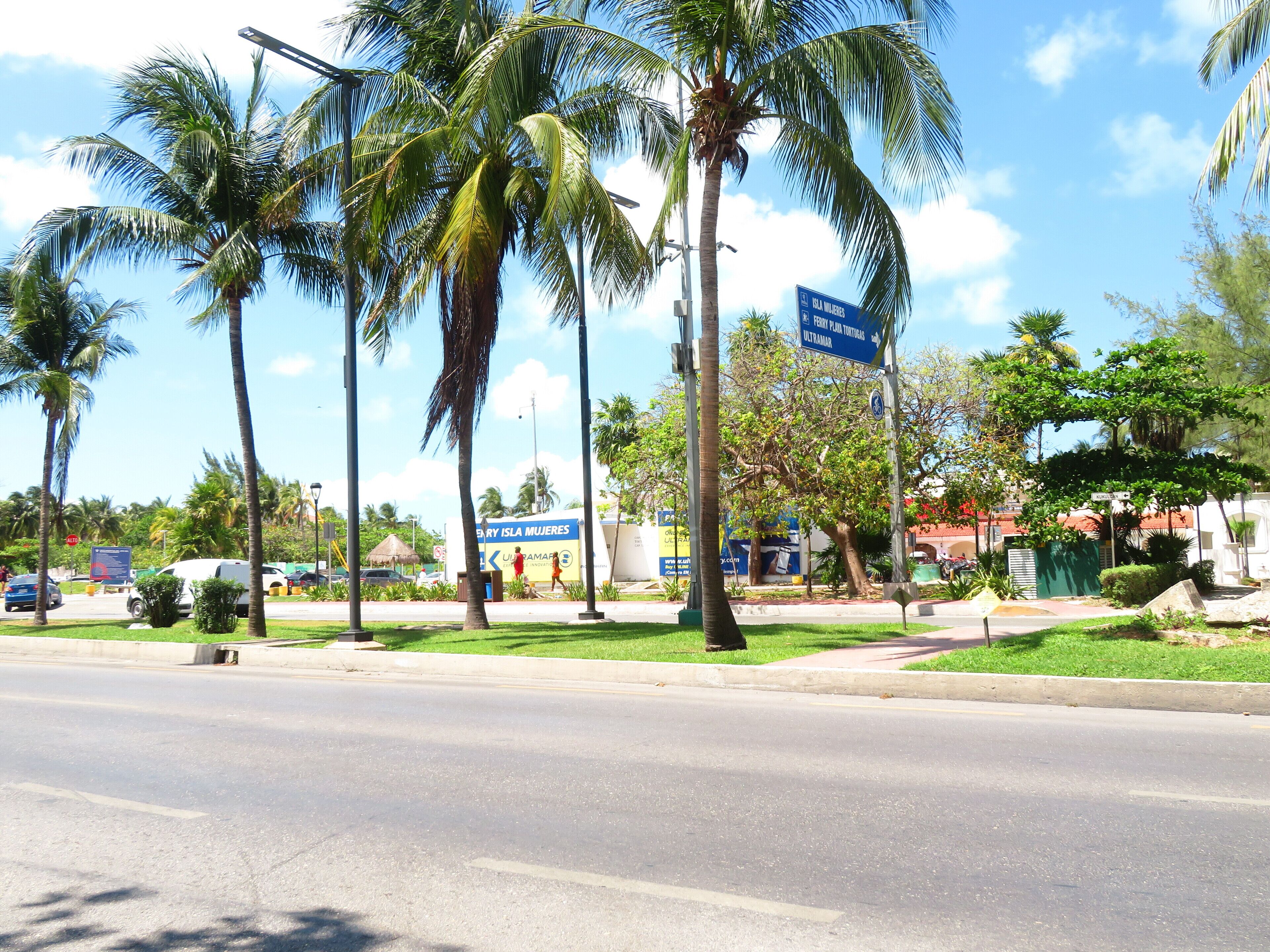 A street with palm trees, a road, and a sign for 'Isla Mujeres'.