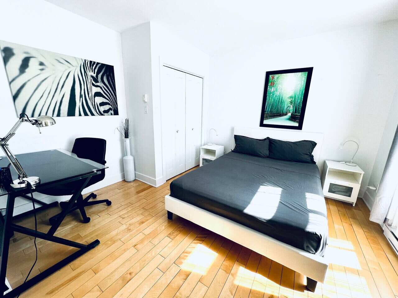 2 habitaciones, escritorio y tabla de planchar con plancha 