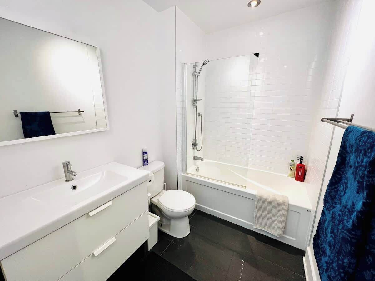 Shower, hair dryer, shampoo
