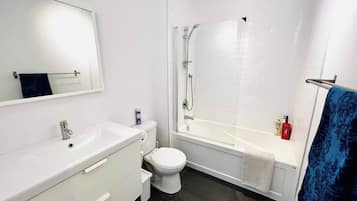 Shower, hair dryer, shampoo