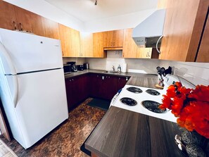 Fridge, microwave, oven, stovetop