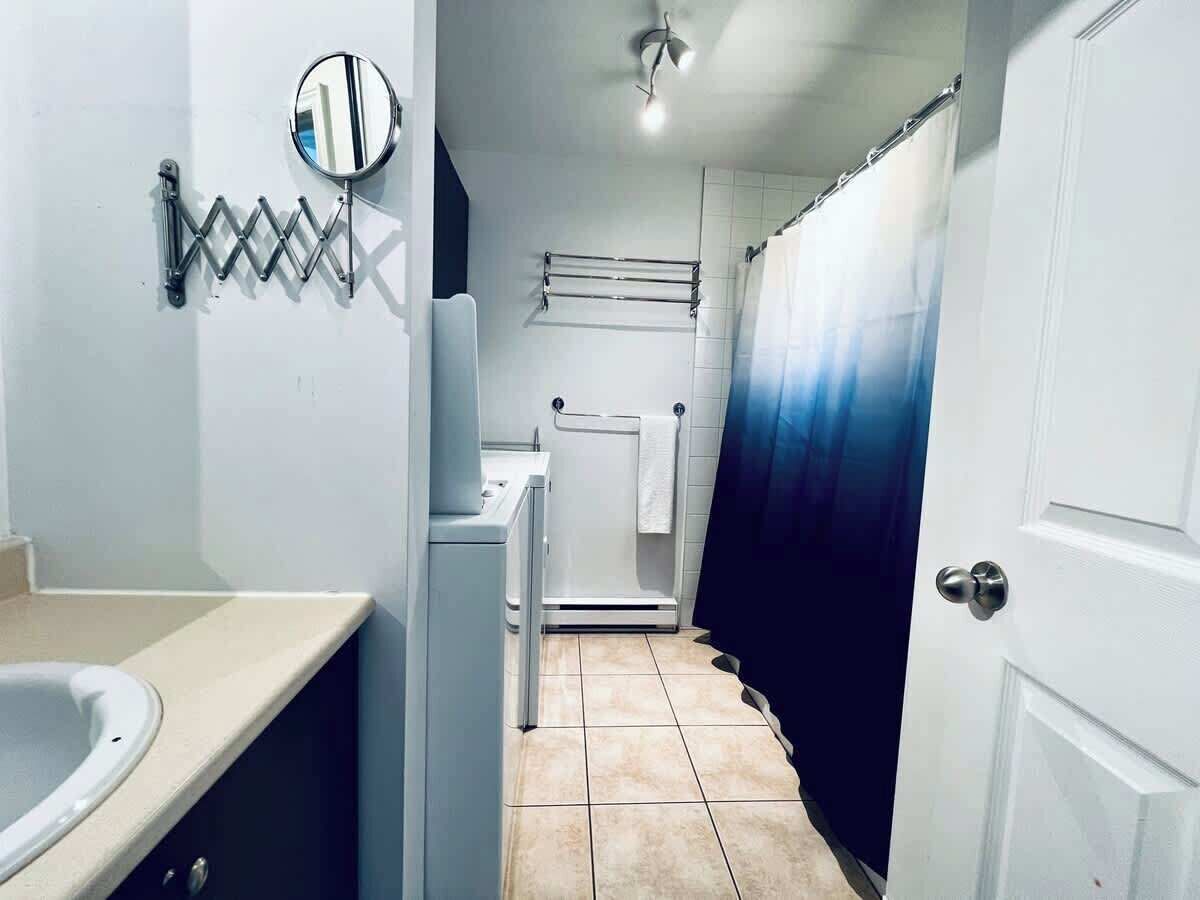 Shower, hair dryer, shampoo