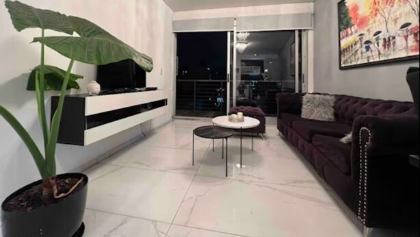 A modern living room with a flat-screen TV, a large potted plant, a round coffee table, a dark-colored sofa, and a painting on the wall. - 2 rooms apartment w/ garage included in Palermo (Buenos Aires)