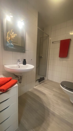Dusche, Haartrockner, Handtücher, Seife