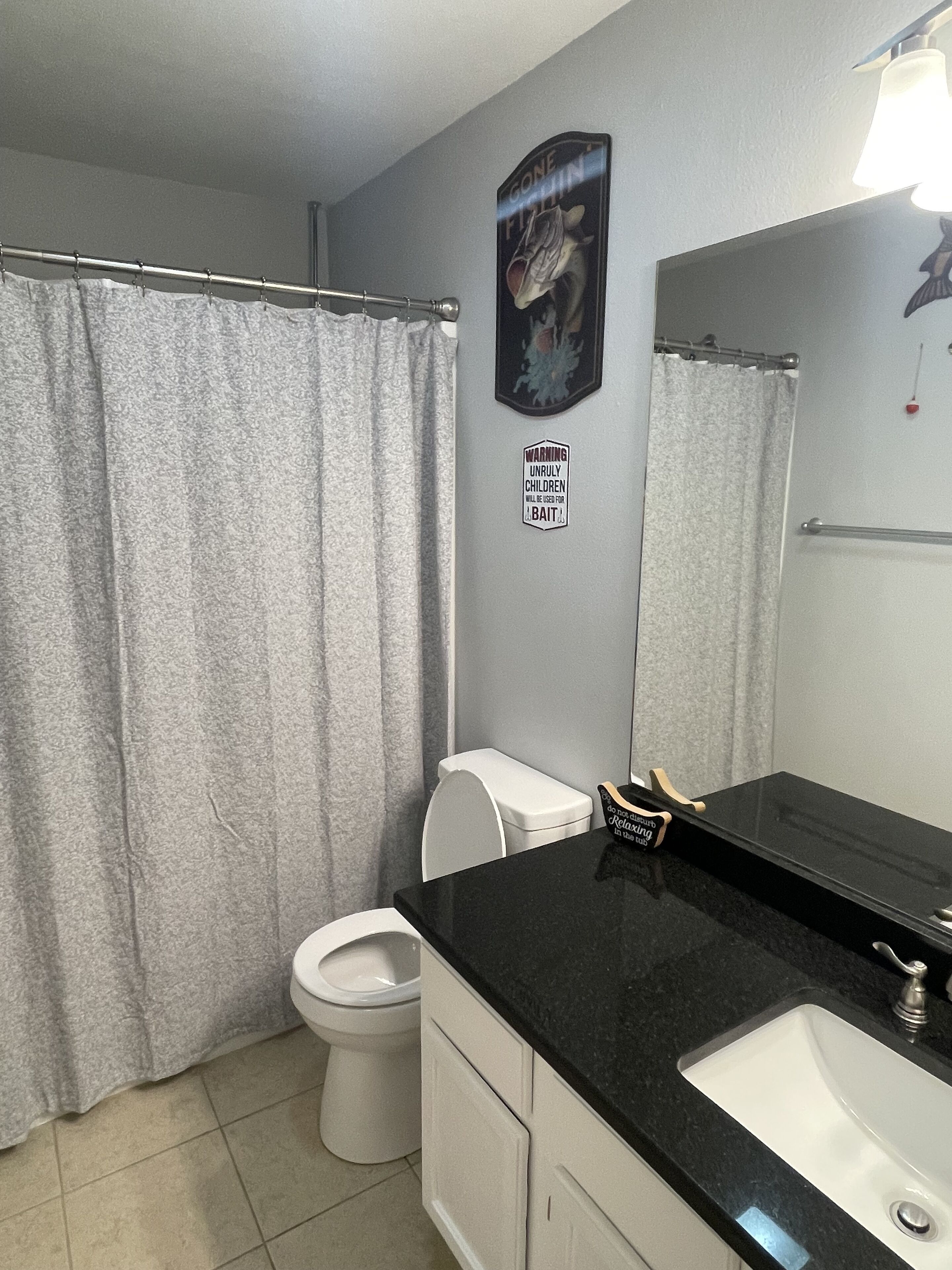 Un bagno con il water, il lavandino e una tenda per la doccia.