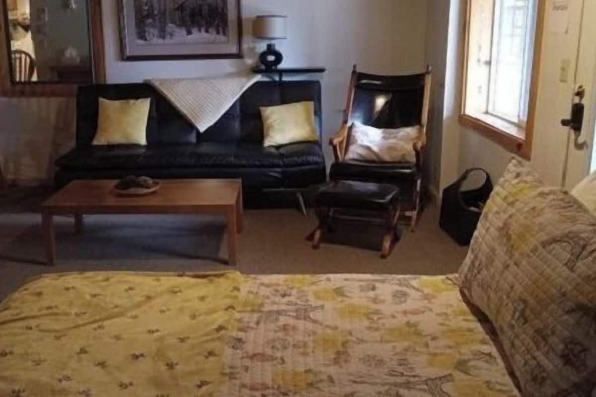 Una sala de estar acogedora con un sofá, un sillón y una cama. Hay una mesa de centro y una mesita con un cuenco encima.