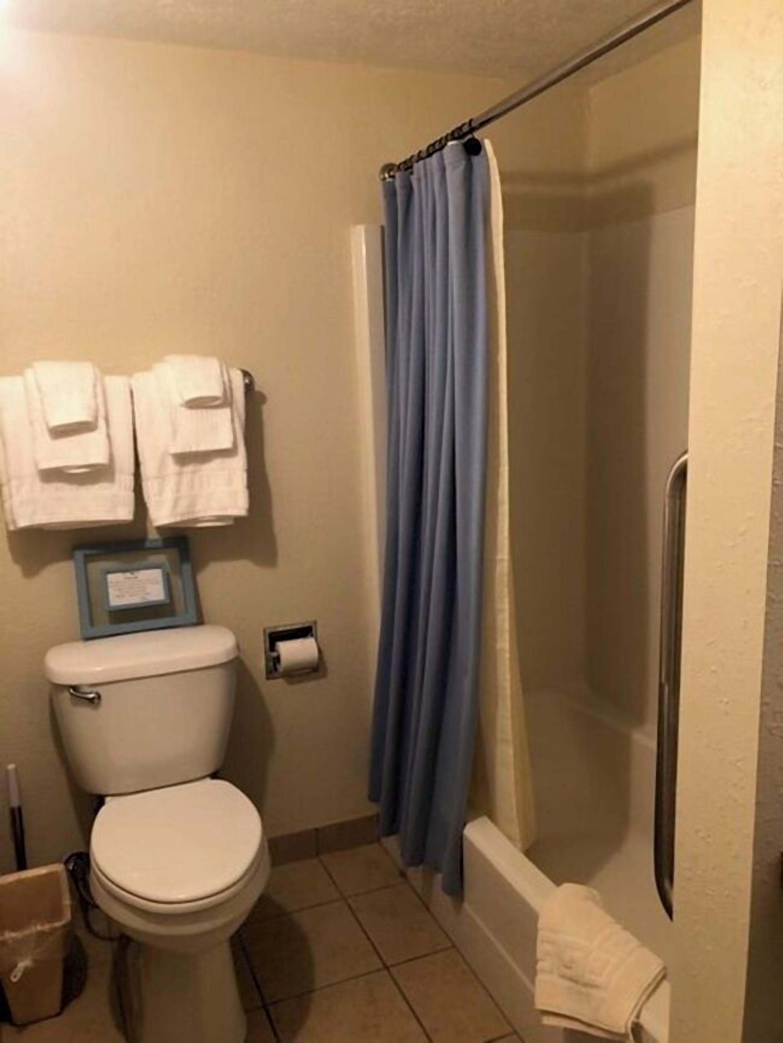 Un baño pequeño con inodoro, cortina de ducha y toallero con dos toallas.