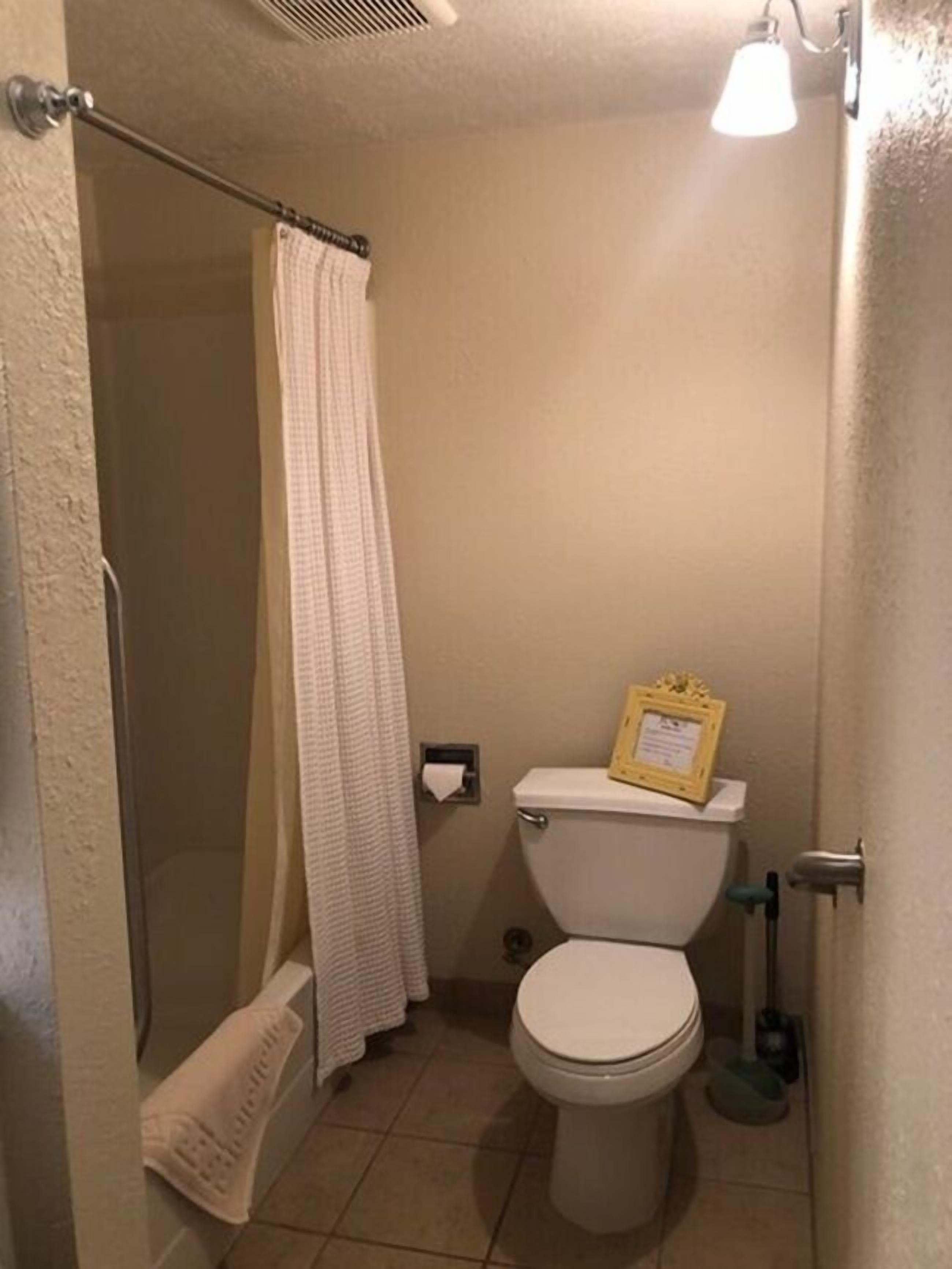 A small bathroom with a toilet, a shower, and a towel rack.