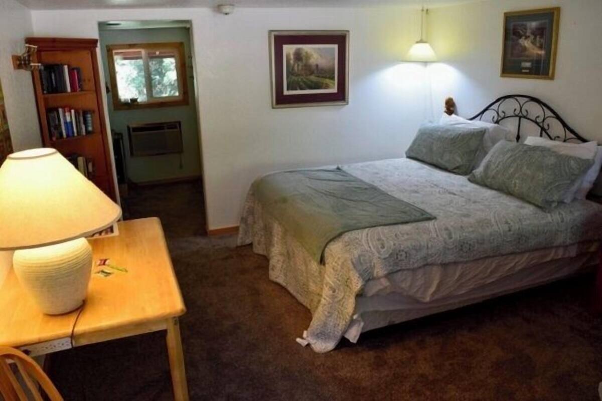 Un dormitorio con una cama, una mesita de noche con lámpara, una estantería y un cuadro enmarcado en la pared.