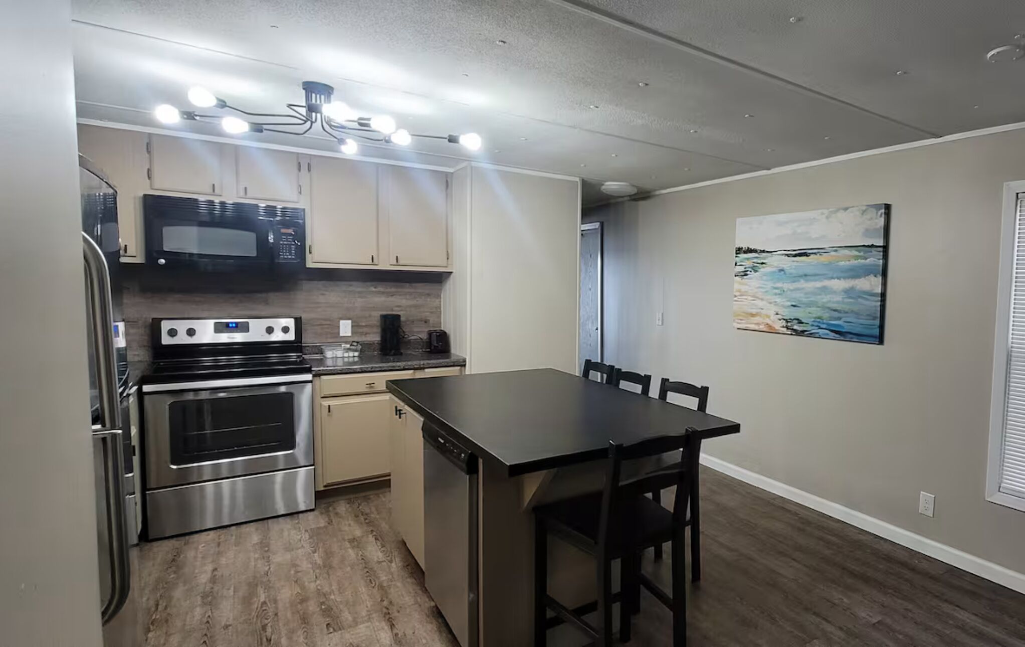 Een magnetron, een oven, een kookplaat, een vaatwasser