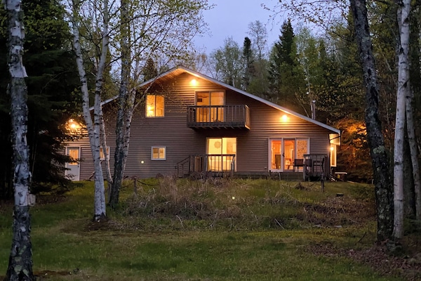 Exterior view of the home at dusk