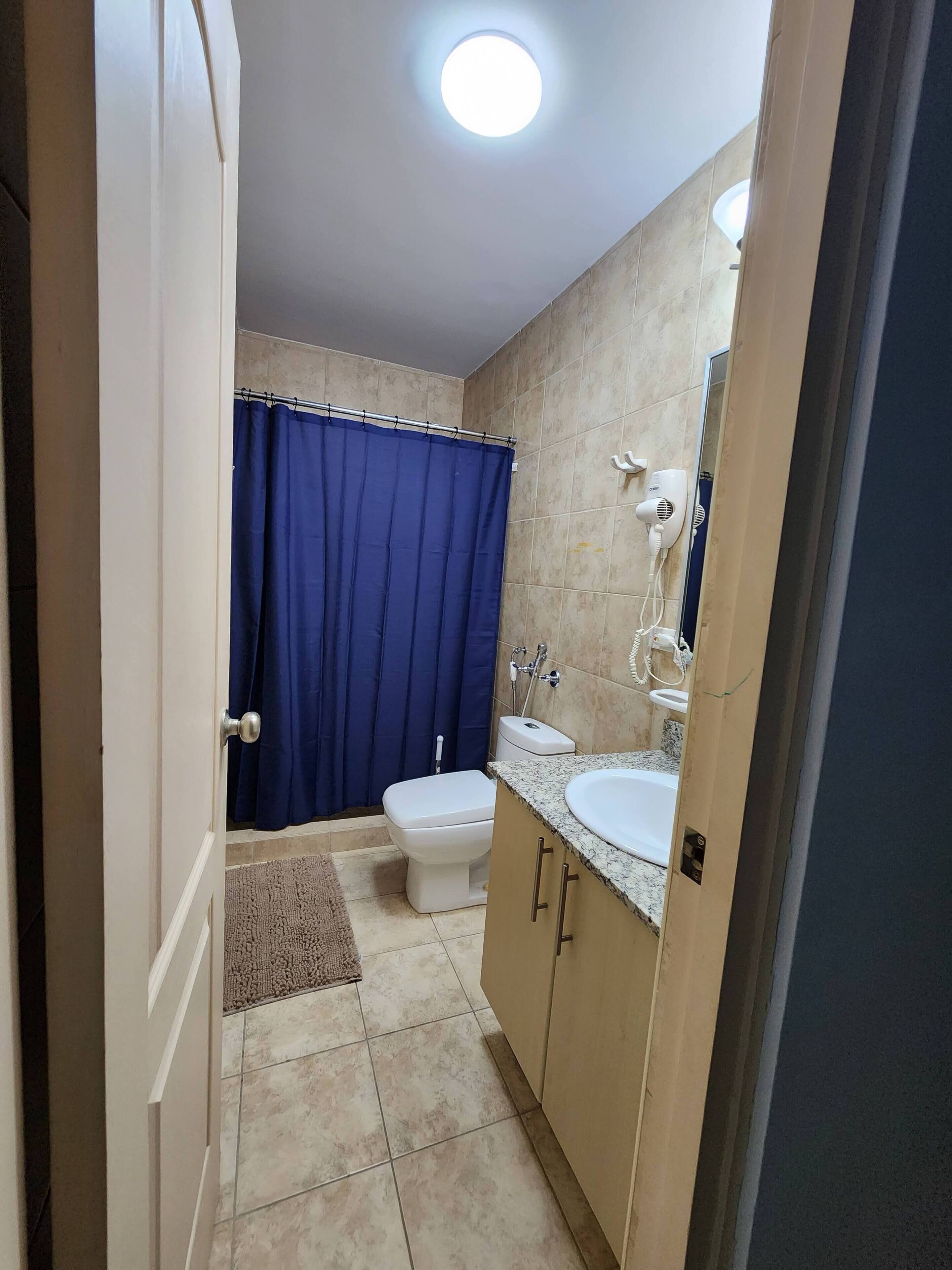 Ein Badezimmer mit Toilette, Waschbecken, einem blauen Duschvorhang und einem an der Wand befestigten Föhn.