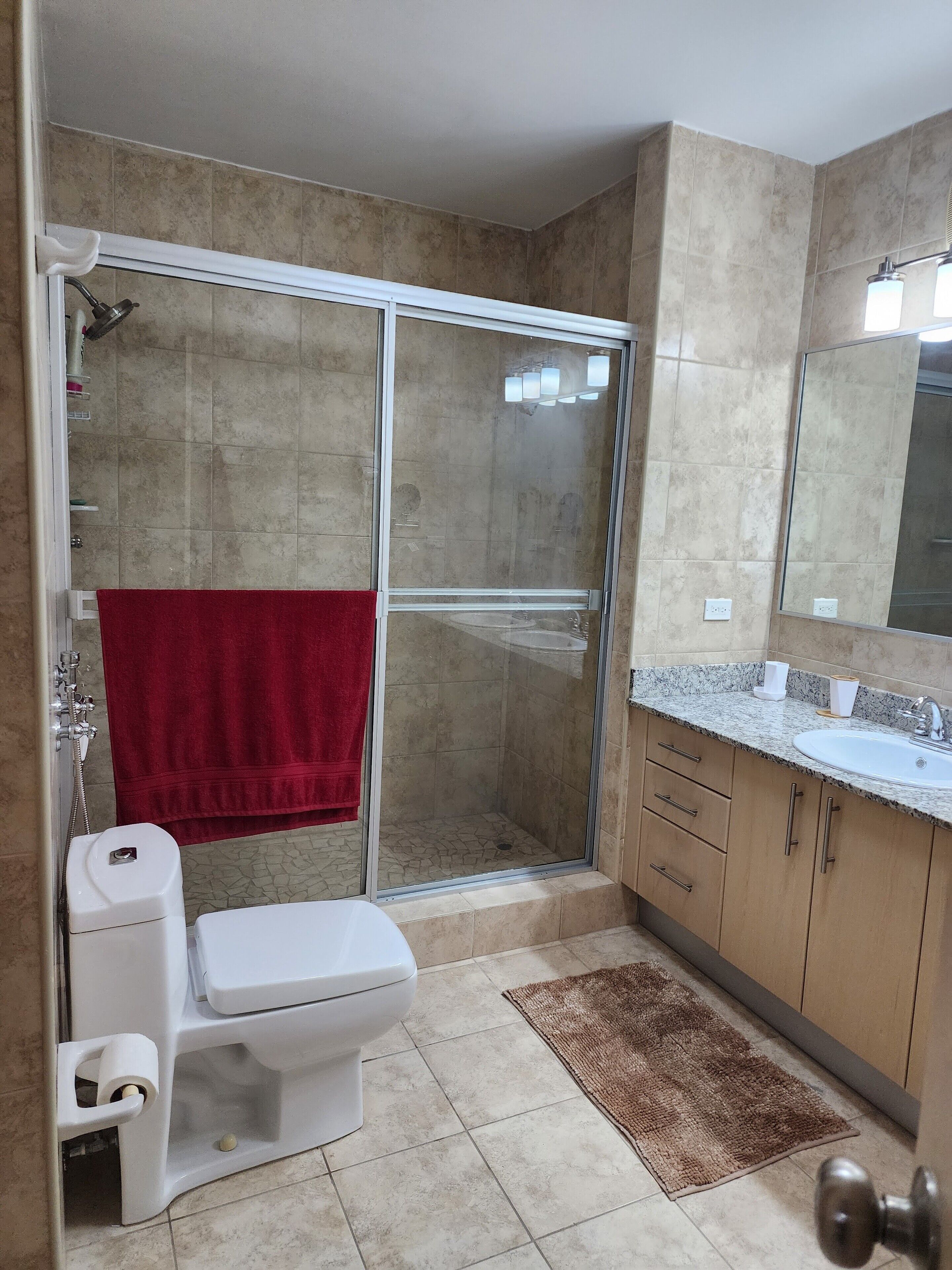A bathroom with a shower, toilet, sink, and a mirror.